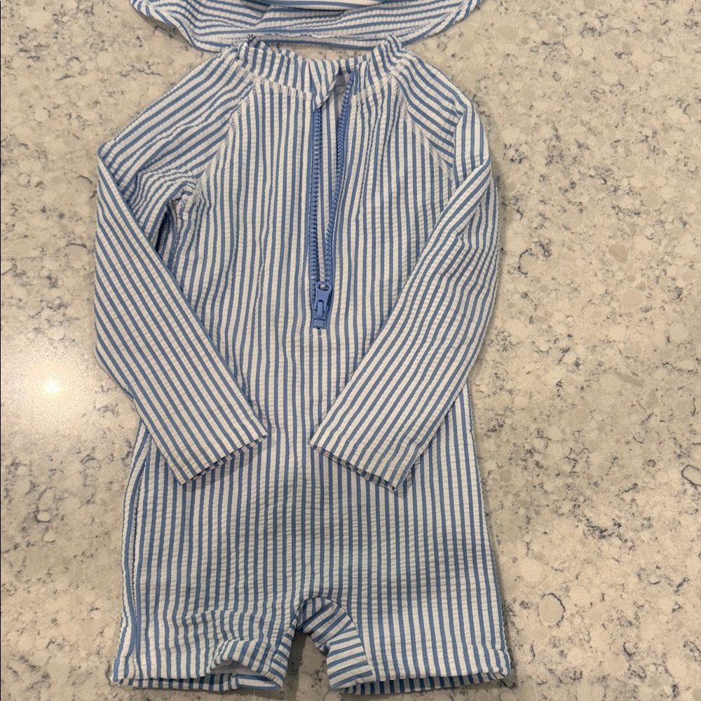 24 mo. Tommy Bahama One-Piece Seersucker Swim Suit in Blue and White Stripes